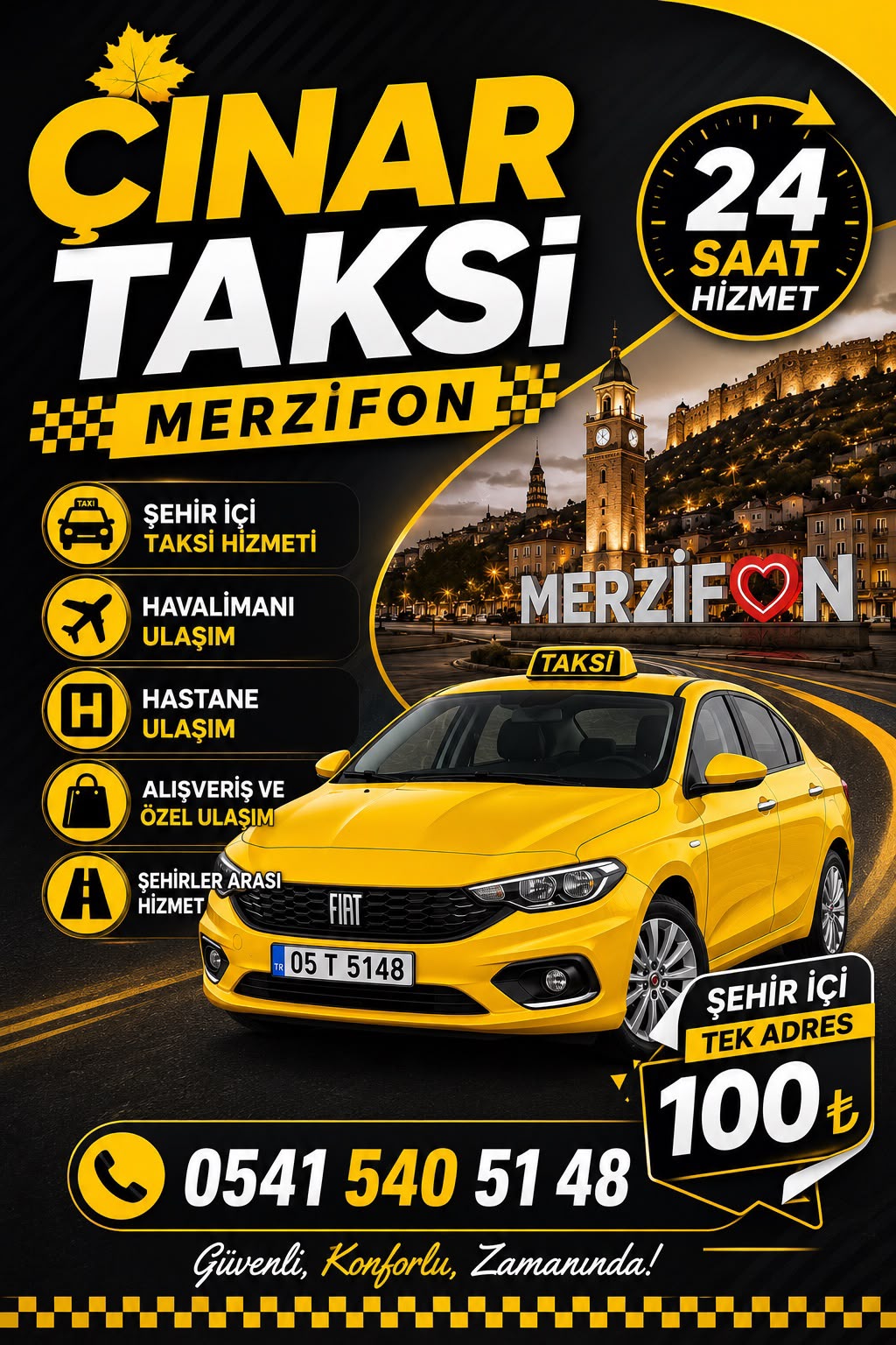 Çınar Taksi hizmet listesi - şehir içi, havalimanı, hastane